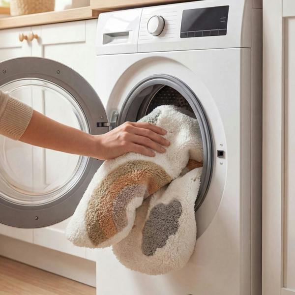 Person taking a towel out of a washing machine in a kitchen.