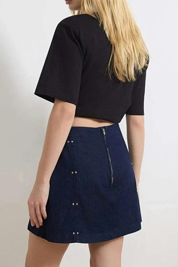 WOVCOR 100% Cotton Denim Short Skirt with Accessory Details