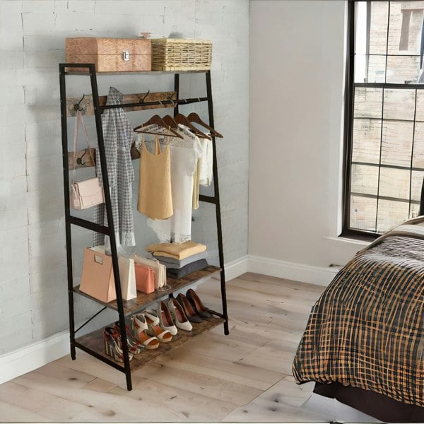 Rafaelo Mobilia Heavy Duty Metal Clothes Rail Open Wardrobe With Shelves Rustic Brown