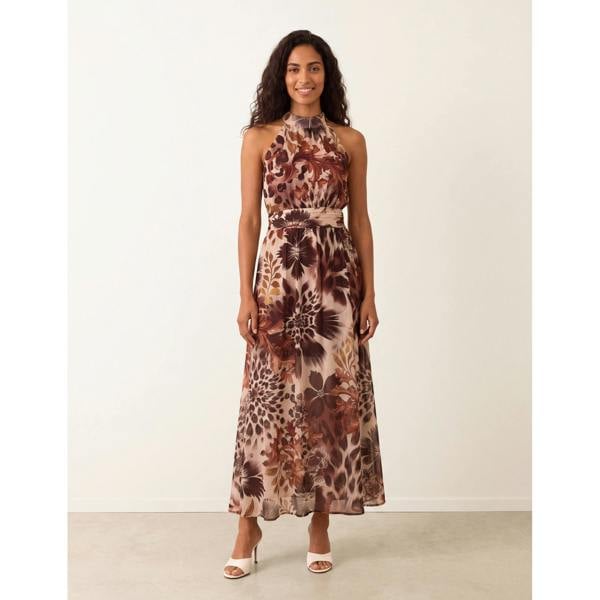 Blue Vanilla Georgette Printed Halterneck Occasion Dress