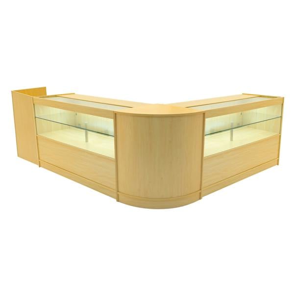 Maple LED shop counter set featuring a sleek, modern design with glass display sections and a curved front for easy access