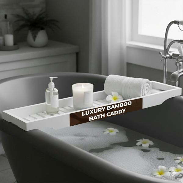 LKH HOME COLLECTION LKH Expandable Bamboo Bath Tray Caddy - Bathtub Rack with Wine Glass Holder, Mobile, Tablet & Book Stand - Retractable & Foldable - White
