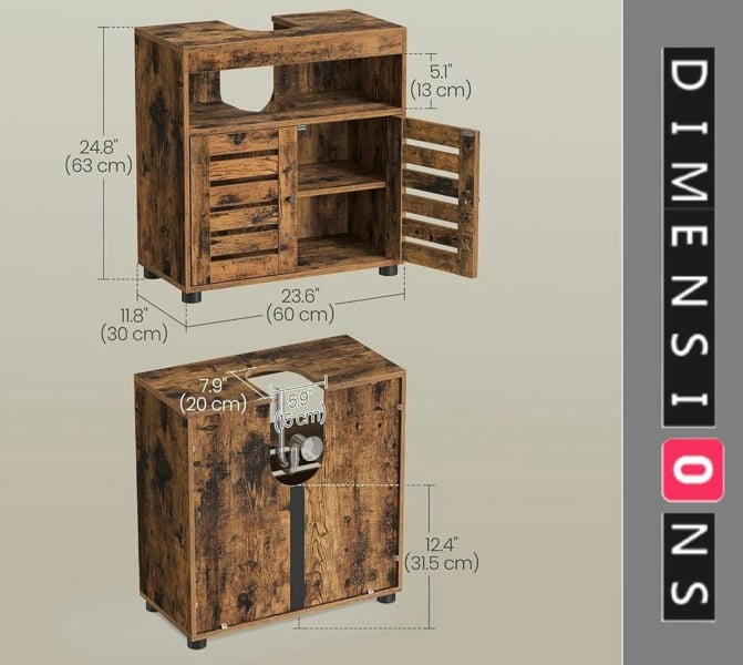 Modcraft Under Sink Bathroom Cabinet, Rustic Storage Unit with Adjustable Shelf and Louvred Doors