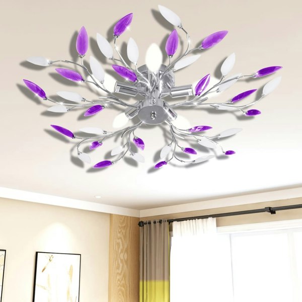 Berkfield Purple&White Ceiling Lamp Acrylic Crystal Leaf Arms for 5 E14 Bulbs