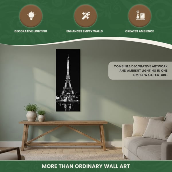 Large Eiffel Tower at Night Canvas Picture Print in Black & White with 10 LED Lights, Battery Powered