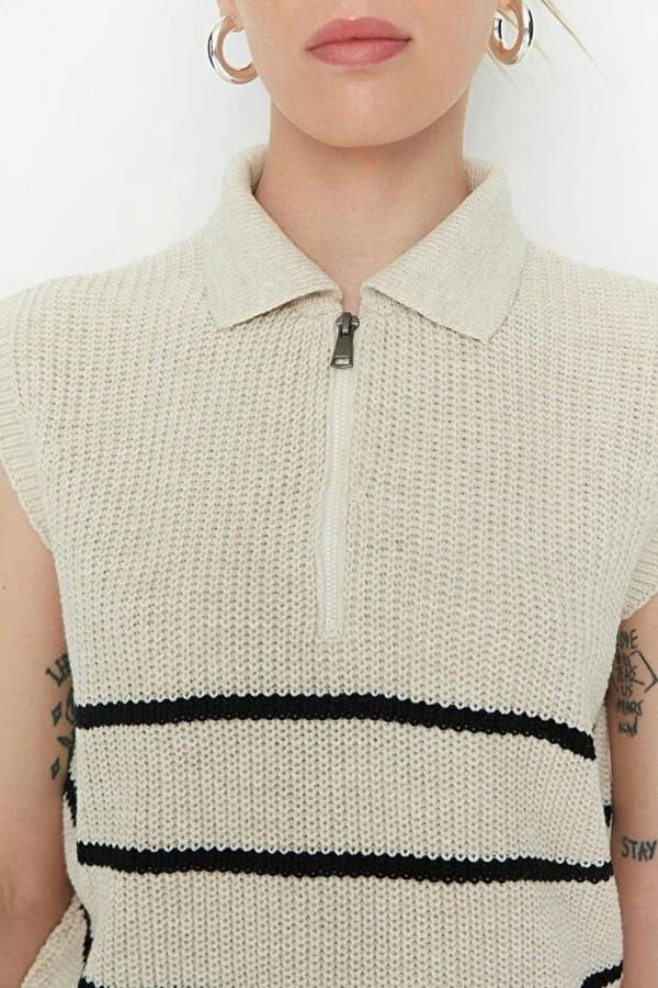 WOVCOR Zippered Striped Polo Neck Knit Sweater