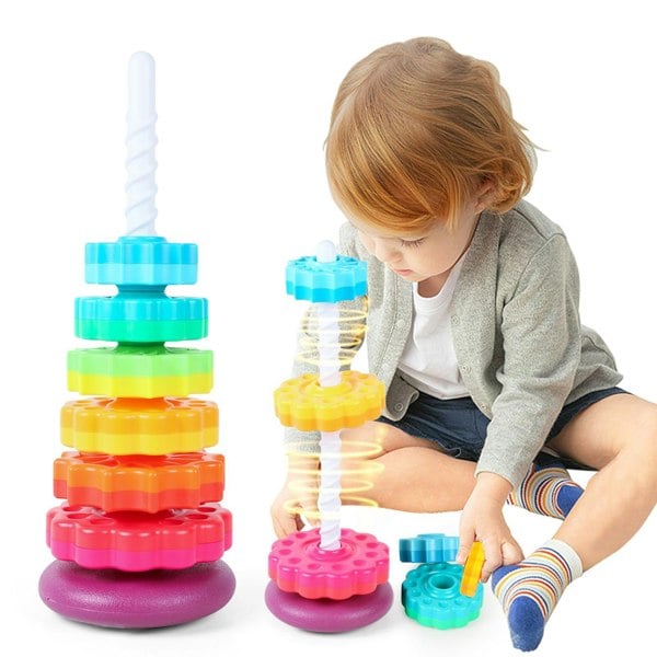 deAO Toys Rainbow Stacking Tower Toy for Toddlers, Colorful Educational Spiral Gears with Rotating Base, Soft and Safe Material