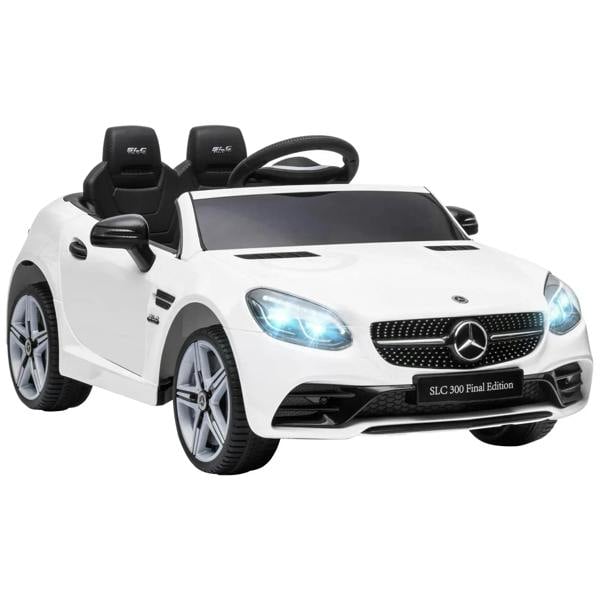 White kids electric ride-on car with LED headlights and Mercedes-style front grille.