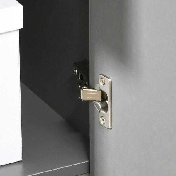 Grey storage cabinet door with metal hinge hardware and latch