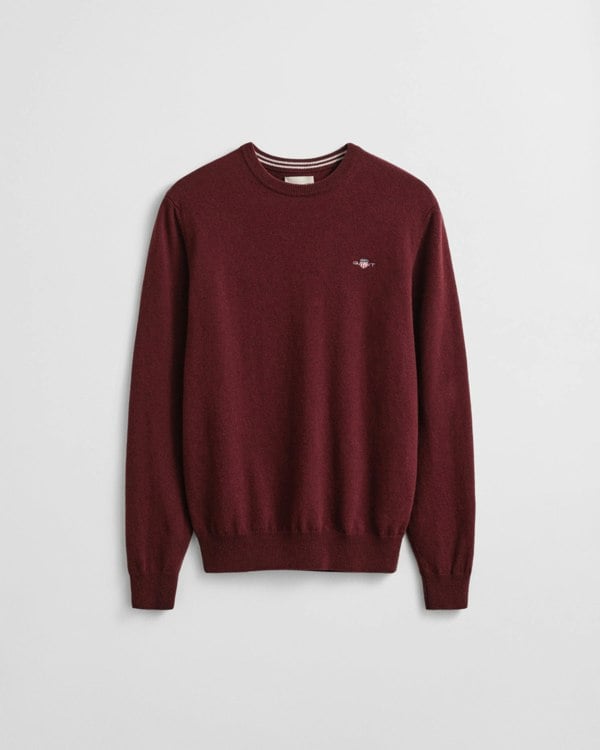 GANT Mens Superfine Lambswool Crew Neck Jumper - 677 Bordeaux Melange - CHO - Designer Mens Crew Neck Jumpers