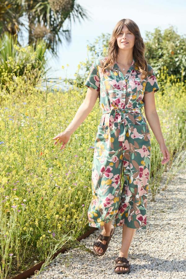 Lily & Me Josie Linen Blend Cropped Jumpsuit Ceres Laurel Green
