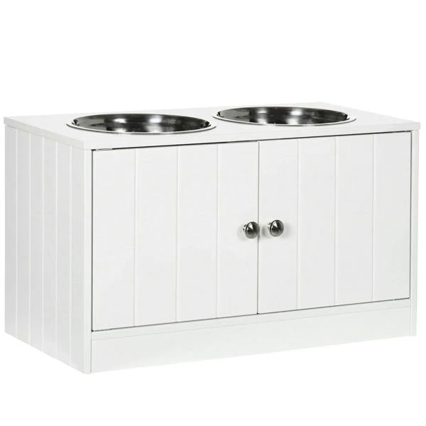 White raised pet feeder cabinet with two stainless steel bowls and front storage doors
