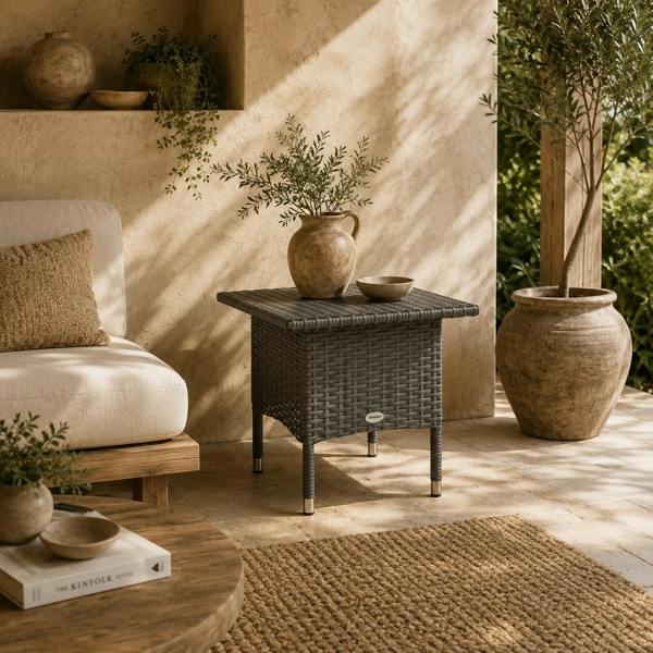 Wyld Haus Nari Grey Rattan Outdoor Side Table With Woven Top