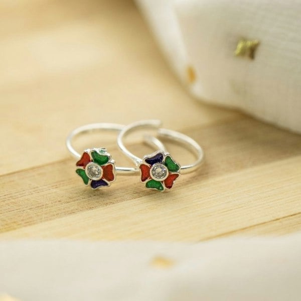 The Colourful Aura 925 Silver Colourful Floral Bohemian Indian Bichiya Midi Toe Ring