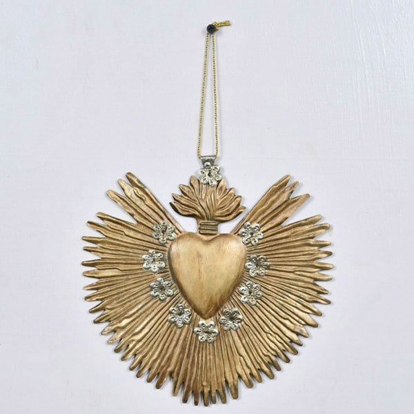 Lila Rasa Large Antique Gold Milagro Heart " Sunburst Flame"