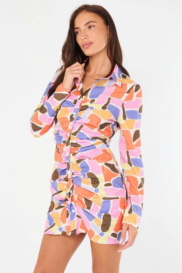Multicolour Ruched Shirt Dress – Long Sleeve Button Front - Multicolor