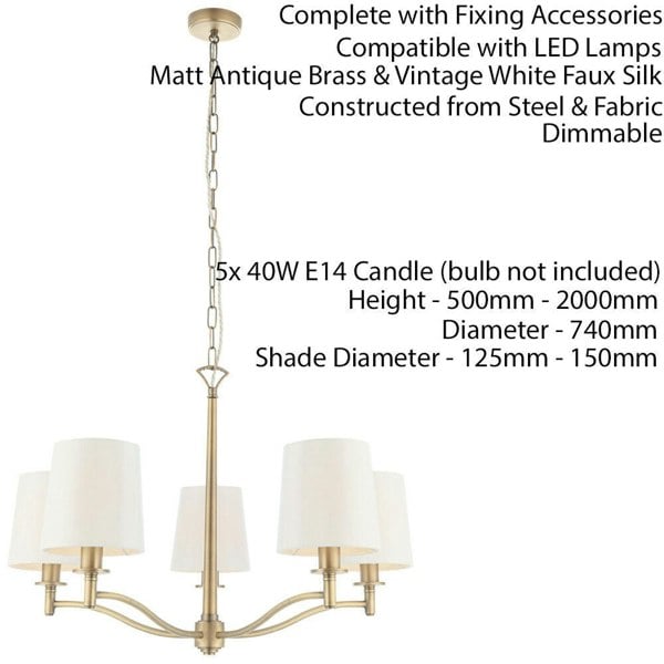 Multi Light Ceiling Pendant 5 Bulb ANTIQUE BRASS & WHITE Chandelier Lamp Shade Loops