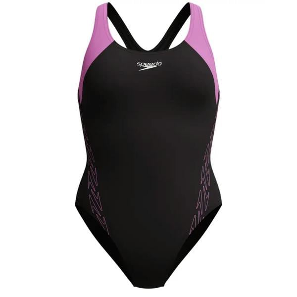 Black and purple Speedo HyberBoom Splice Racerback swimsuit with bold text