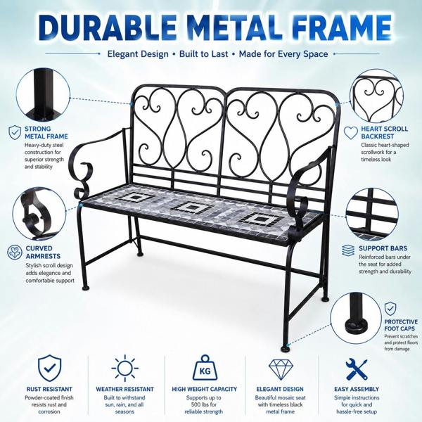 Medina Mosaic 2 Seater Garden Bench, 112cm Outdoor Patio Seat with Ceramic Tile Seat, Scrollwork Backrest & Metal Frame image 5