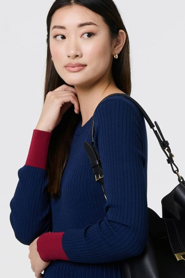 Navy | Colour Block Tie Neck Short Jumper Dress
