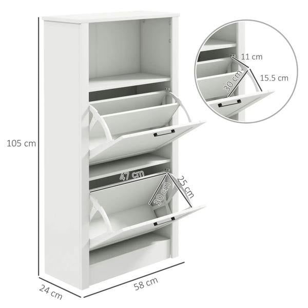 White shoe cabinet interior with open compartments and two flip drawers