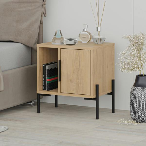 Decortie Modern Glynn Bedside Table Oak w/Black Metal T Legs 48(D)cm Nightstand 1-Door Storage Cabinet Metal Handle Bedroom Home