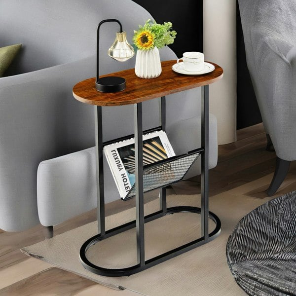 Rafaelo Mobilia Industrial Side Table With Mesh Magazine Holder Rustic Brown