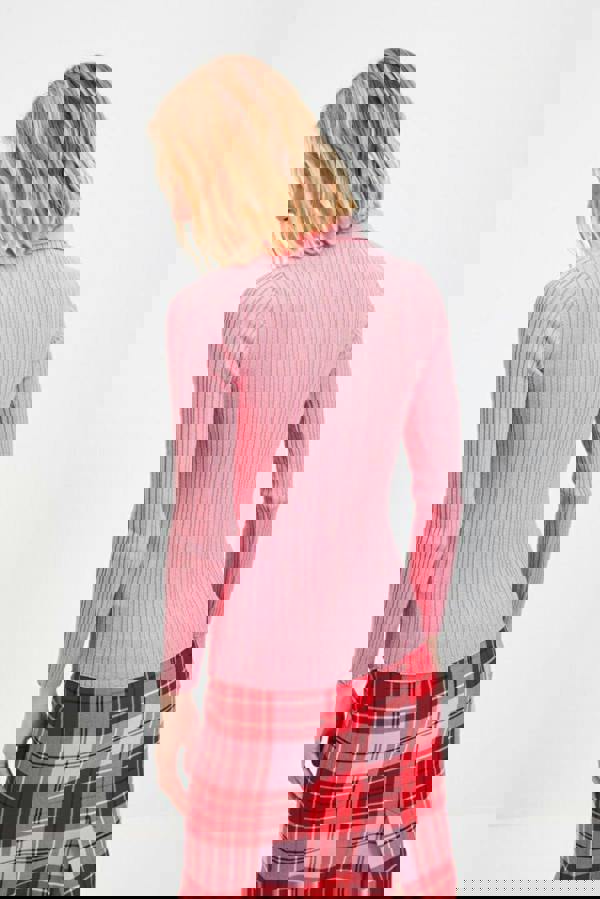 WOVCOR Mercerized Look Ribbed Polo Neck Knit Cardigan