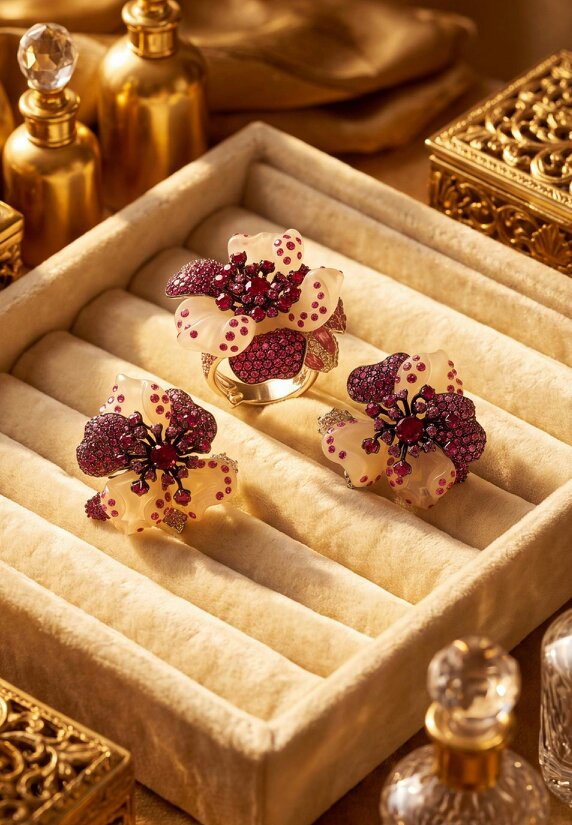 Latelita White Jade Ruby Rose Flower Cocktail Ring Silver