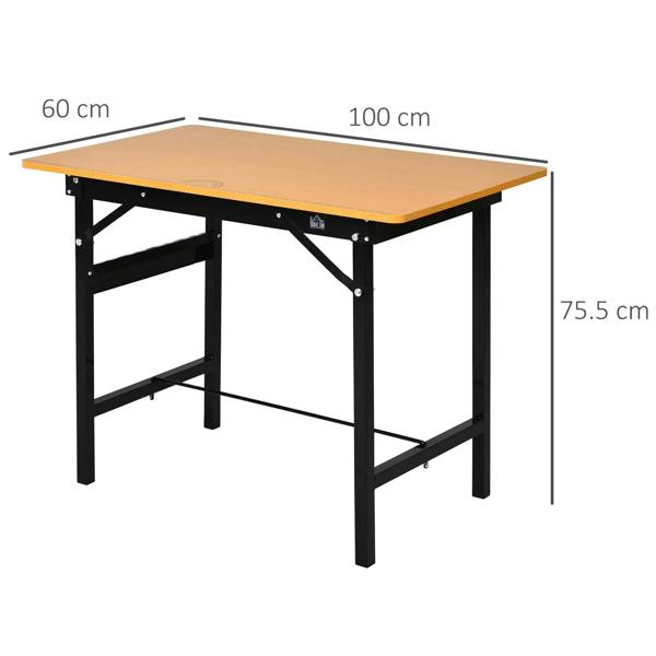 Foldable work bench with orange MDF top and black frame, 100 x 75.5 x 60 cm