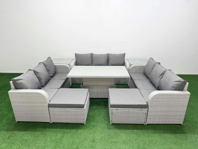 Fimous 11 Seater PE Rattan Garden Furniture Lounge Sofa Patio Set, Adj Height Table, 3 Seater Sofa, 2 Big Footstools, 2 Side Table, Light Grey