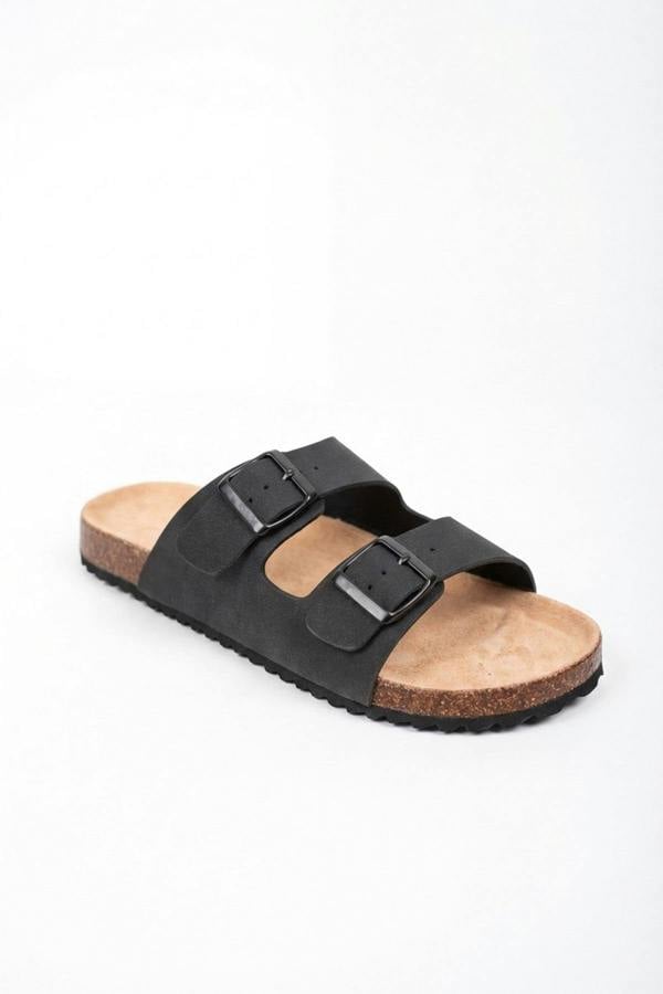 Harper Womens Double Buckle Cork Slide Sandals - BLACK