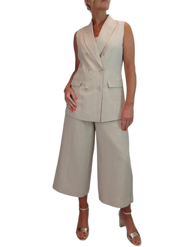 Paulo Due Women's 2 Piece Suit Linen Look Set - Sleeveless Tailored Waistcoat & Cropped Wide Leg Trousers - Beige