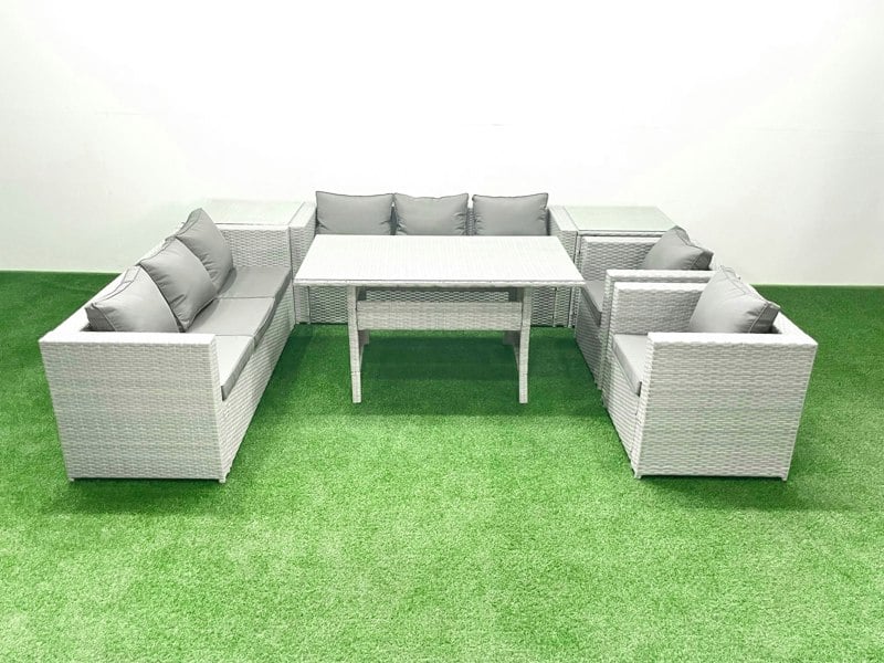 Fimous Rattan Garden Furniture Set Outdoor 8 Seater Patio Dinin g Sofa Sets with Dining Table 2 Chairs 2 Side Tables Light Grey Mixed