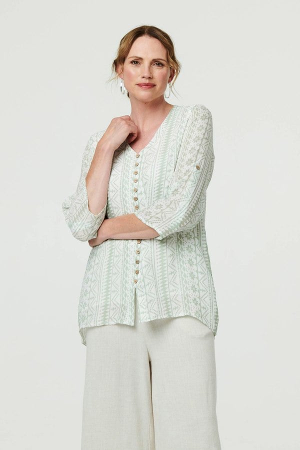 Sage | Printed Button Front Curve Hem Blouse
