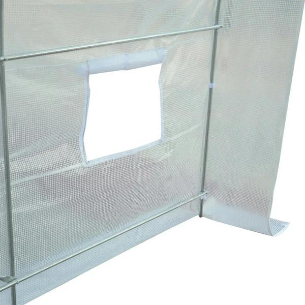 White mesh greenhouse side with square window opening and metal frame bars