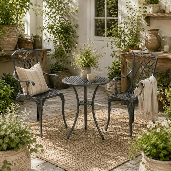 Wyld Haus Sazzotti Brown Cast Aluminium Garden Bistro Set With 2 Armchairs And Round Table