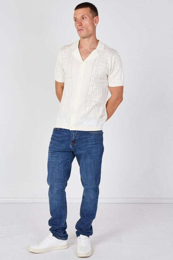 Men's Textured Knitted Button-Through Polo Shirt