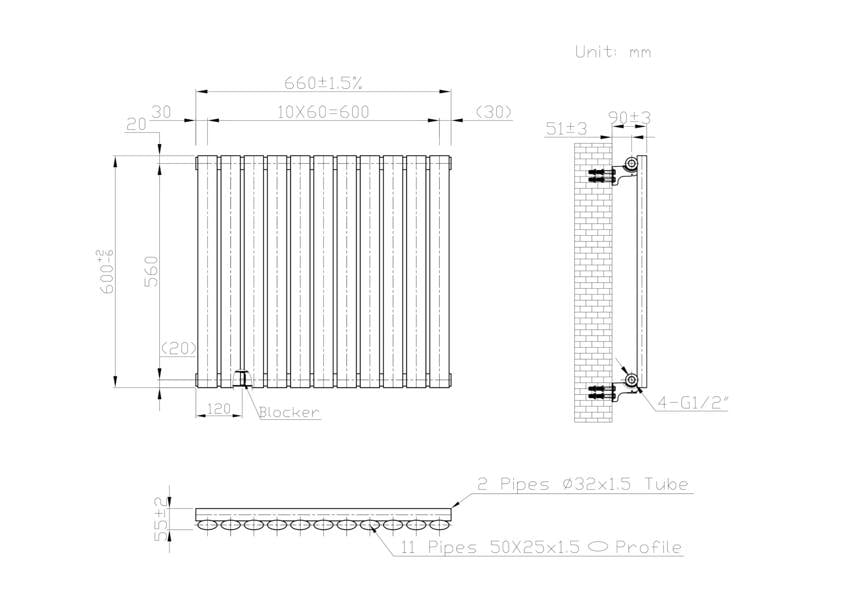 MYHOMEWARE Black 660 x 600 mm Modern Horizontal Column Designer Radiator Oval Single Panel Radiator Heater