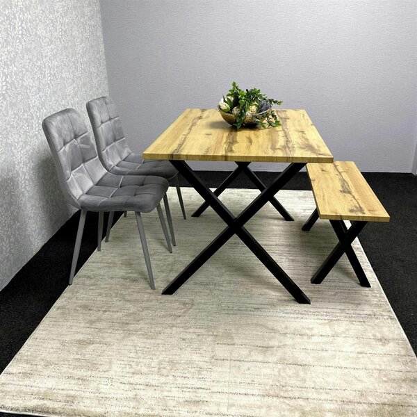 Kosy Koala Modern Dining Table Set with 2 Grey Velvet Chairs And Wooden Bench Dining Room Furniture