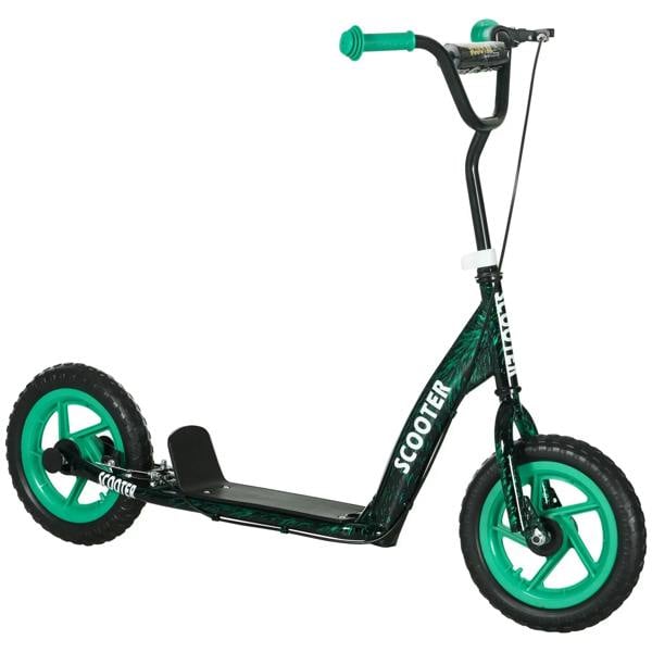 Green kids kick scooter with adjustable handlebar, rear brake, kickstand and non-slip deck