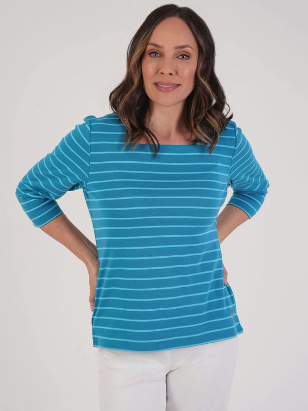 PennyPlain Stripe Square Neck Top - Wedgewood/lagoon