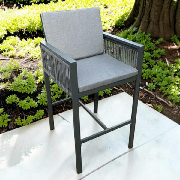 The Garden Marketplace Monaco 4 Seater Tall Garden Bar Table & Stool Set – Grey Powder-Coated Aluminium, Glass Top (140 x 70cm) with Cushions