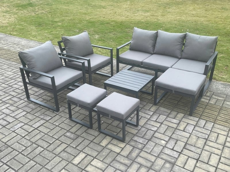 Fimous Aluminium Outdoor Lounge Sofa Set Garden Furniture Sets with Square Coffee Table 2 Chairs 3 Footstools Dark Grey 8 Seater