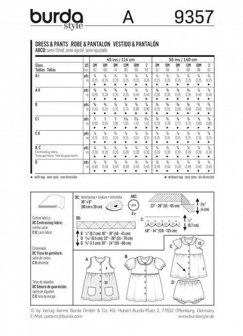 Burda Sewing Pattern 9357 Dresses and Shorts For Babies, 3 Months - 2 Years - Easy