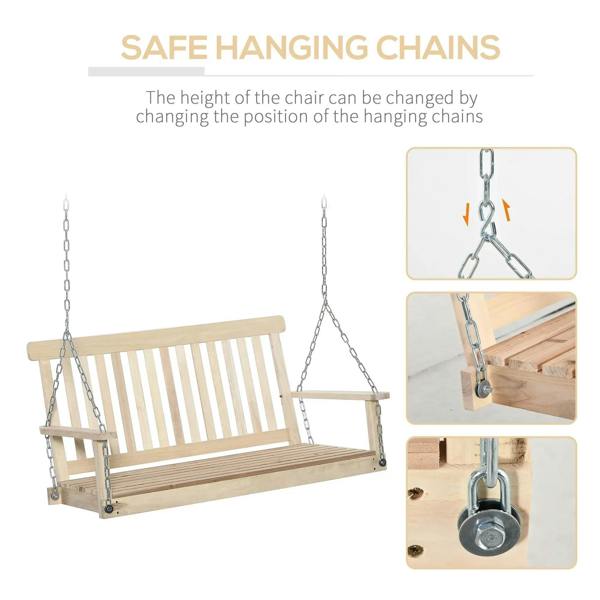 Natural wooden porch swing bench with adjustable hanging chain setup and slatted seat