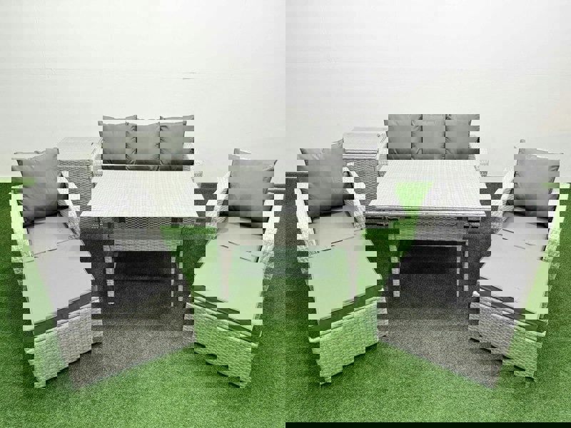 Fimous PE Rattan Garden Furniture Set Reclining Chair Sofa Lounge Sofa Set Rectangular Dining Table Side Table 2 Big Footstool Light Grey