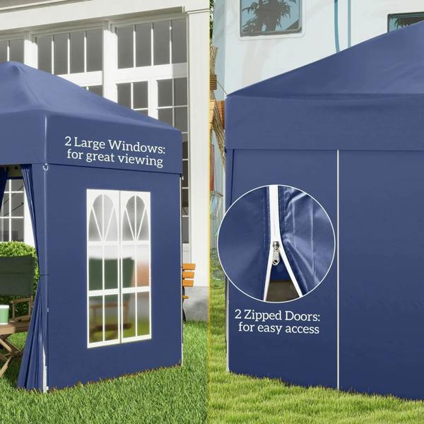 Blue pop-up garden gazebo with large window panels and zippered access doors