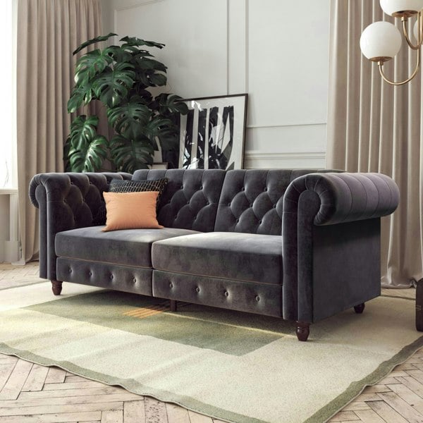 Dorel Home Felix Chesterfield 3 Seater Sofa Bed in Velvet Grey