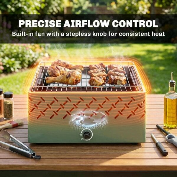 Bobobiy Portable Charcoal BBQ Grill, Battery Powered Barbecue Grill with Built-in Fan for Camping Picnic, Light Green